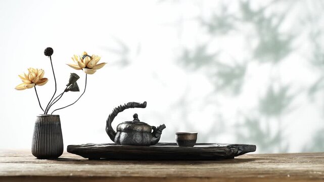 Traditional Tea Ceremony Set with Lotus Flowers and Bamboo Background - Zen Meditation Arrangement