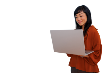 Asian business woman smiling and working with laptop, standing and typing, transparent background