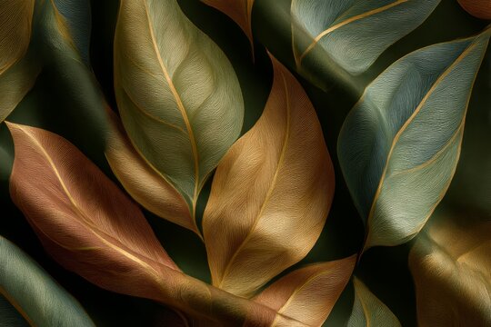 Vivid leaves in soft hues of green, gold, and brown create a stunning botanical textile pattern, showcasing intricate details and natural elegance