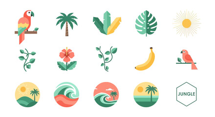 Colorful, flat illustrations of tropical elements, including birds, plants, and fruit.
