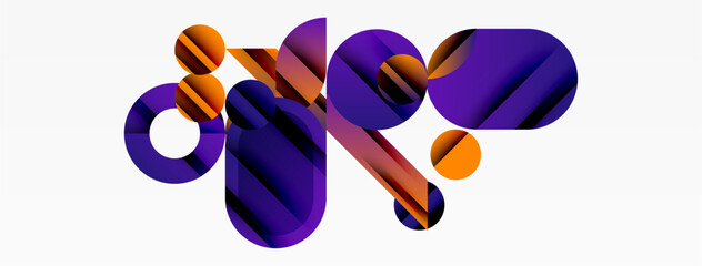 Abstract shapes, purple hues dominate. Orange accents provide contrast, creating dynamic composition. Modern design, clean aesthetic.