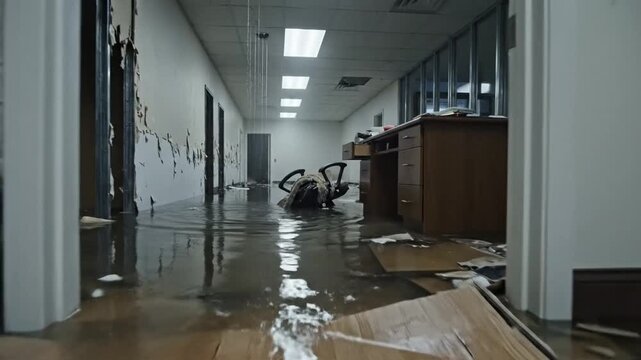 Interior room with floors fully submerged in water, illustrating severe flooding damage, structural deterioration, and the urgent need for restoration, cleanup, and property repair services