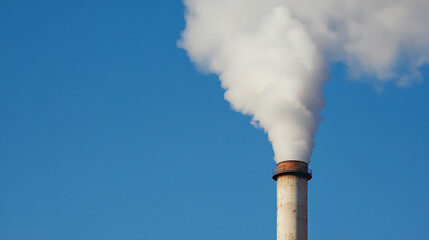 Rising high against the clear blue sky, a smokestack releases a plume of vapor, creating a stark visual of industry's impact on the environment and its air quality.