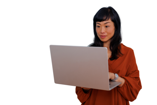 Asian woman working on laptop, managing business, having video call, remote workplace, transparent background