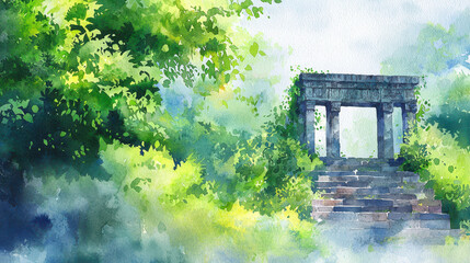 Serene watercolor painting depicting ancient stone steps leading to weathered temple surrounded by lush greenery and soft mist