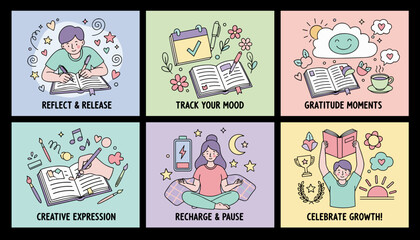 Selfcare and wellness routine illustrations journaling tracking meditation and creative expression