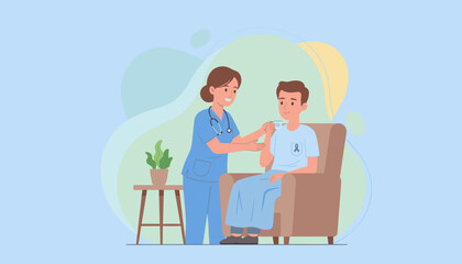 Nurse cares for male patient with purple ribbon illustrating medical support and awareness