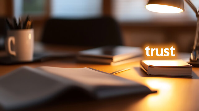 Desk setting with open books illuminated by a warm lamp. The word "trust" hovers above, symbolizing reliance, honesty, and commitment. Gentle light enhances the mood.