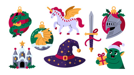 Festive Fantasy Decorations: Adorn your holiday with these whimsical ornaments, featuring a magical dragon, unicorn, knight's helmet, wizard's hat, festive sword.