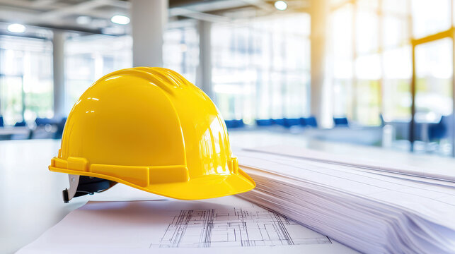Yellow hard hat rests on stack of architectural blueprints in modern office environment, symbolizing construction and project management