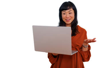 Woman giving online presentation or participating in video call, working remotely with wireless laptop on transparent background