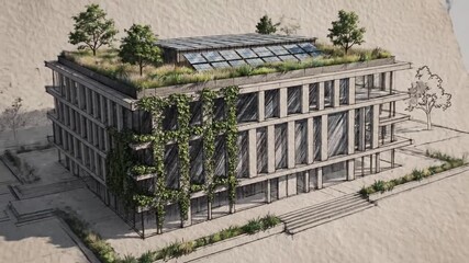 Architectural sketch of an eco-friendly office building featuring vegetated green roofs, energy-efficient window systems, and lush sustainable façades emphasizing modern environmentally conscious desi