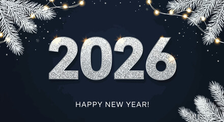 Fototapeta premium Festive 2026 New Year's Celebration with Sparkling Silver Digits and Garland