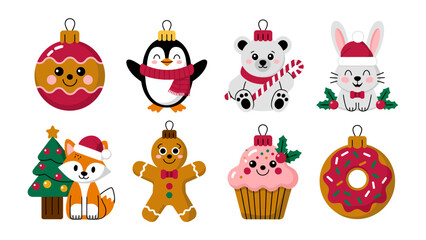 Festive Ornament Set: A collection of charming cartoon Christmas ornaments featuring diverse characters and cheerful designs, each ready to bring holiday spirit to any festive project.