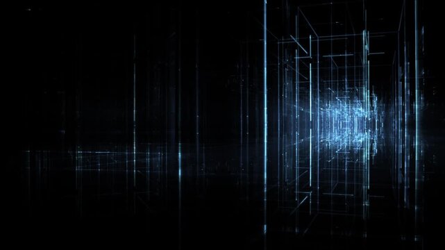 Leuchtende gitterf&ouml;rmige Geometrie f&uuml;r Technologie, Energie, Produktion & Datentransfer &ndash; moderne Architektur, Planung & Sicherheit visualisiert, blau

