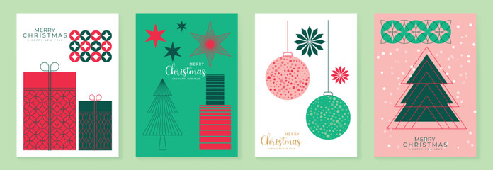 Obraz premium Christmas vector background set with gift boxes, stars, baubles and geometric trees in red, green and pastel tones — modern festive design for cards, packaging and digital prints.
