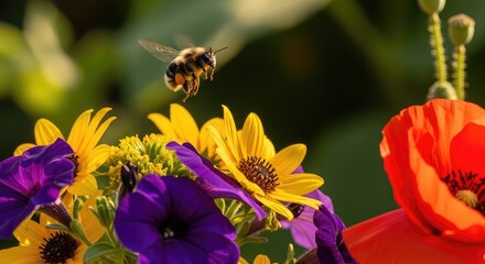 A bee flying near a cluster of colorful garden flowers.