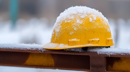 A bright yellow hard hat sits, covered in fresh snow, atop a rusted, snow-dusted metal beam. The cold weather is apparent in this stark, wintry still life.