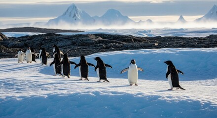 A group of penguins walking on icy terrain in Antarctica.