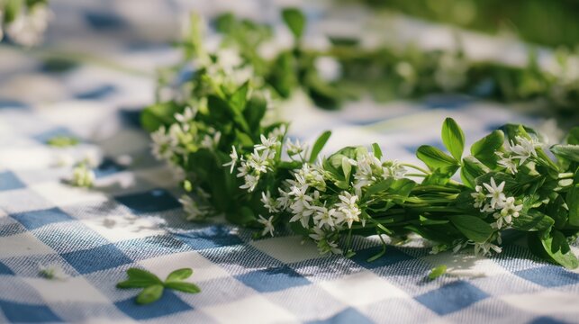 Leisure spring gathering with woodruff wreath on picnic tablecloth outdoors.