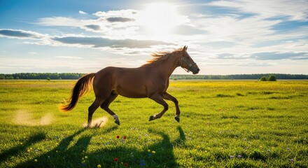 A brown horse running freely across a green meadow.