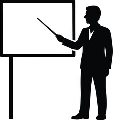 A silhouette of a presenter giving a presentation with a pointing stick