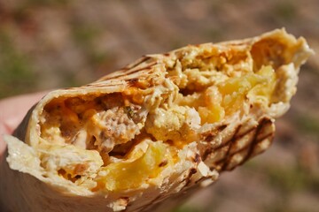 A French Tacos, a popular European fast food, filled with chicken and cheese