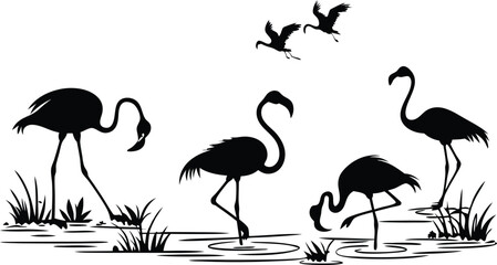 Elegant flamingo silhouette flock wading in serene water, a stylish wildlife design element perfect for branding, logos, and nature inspired projects