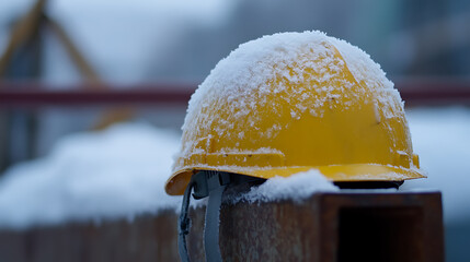 A yellow hard hat sits covered in fresh snow, resting on a metal beam. The contrast of the bright color against the stark winter scene creates a striking visual.
