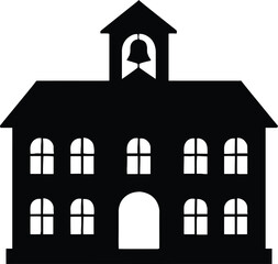 Simple black silhouette of a classic school building with a bell tower