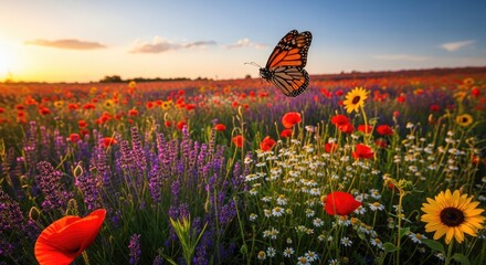 A butterfly flying gracefully over a field of colorful wildflowers.