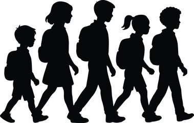 Silhouette of a group of children walking together in a line