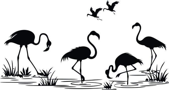 Elegant flamingo silhouette flock wading in serene water, a stylish wildlife design element perfect for branding, logos, and nature inspired projects