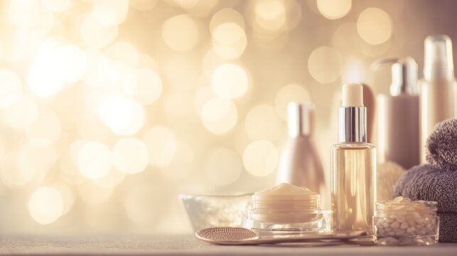 Elegant arrangement of skincare products and beauty accessories with soft focus lighting.
