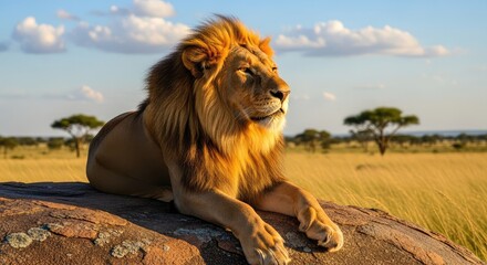 A powerful lion resting on a rock in the savanna