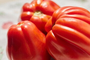 Fresh, whole, oxheart tomatoes.