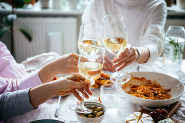 Friends having a pasta dinner with wine at home.