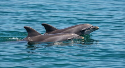 A pair of dolphins swimming together near the water surface.