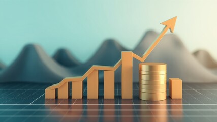 Financial growth success visualization graph chart statistics showing positive upward trend with gold coins stacks