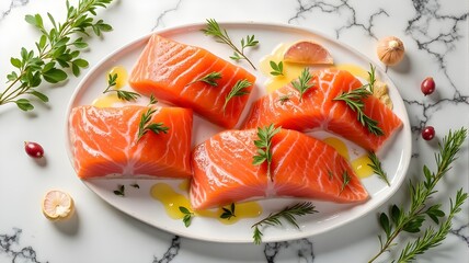 Closeup of a healthy gourmet salmon steak and fresh green vegetable salad plate, perfectly seasoned with lemon and dill for a delicious seafood dinner