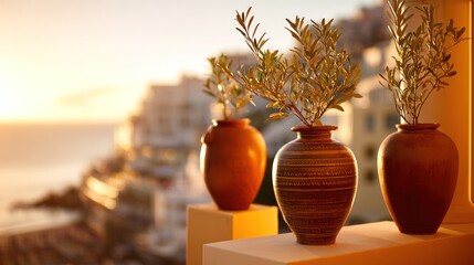 Mediterranean villa balcony with terracotta pots and olive oil at sunset, coastal view in warm light. inspiring travel planning.
