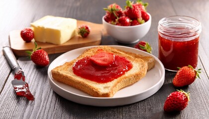 delicious breakfast toast with strawberry jam and butter
