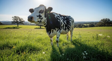 A black and white cow standing in a sunny pasture.