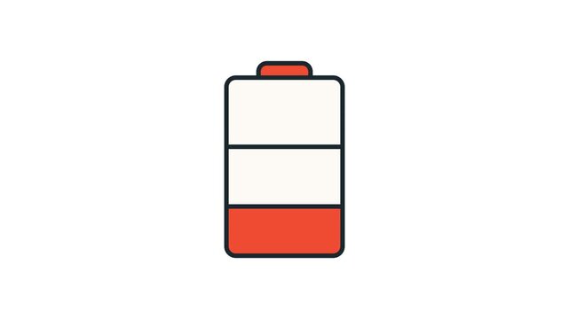 Simple battery illustration animation featuring three horizontal charge sections, rounded corners, bold outline, and clean white backdrop