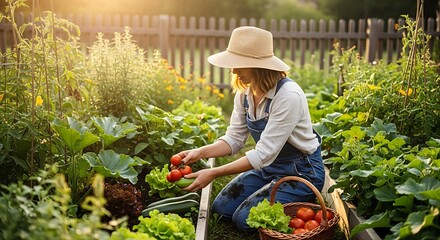 Woman harvesting fresh vegetables in a sunny garden with a basket.