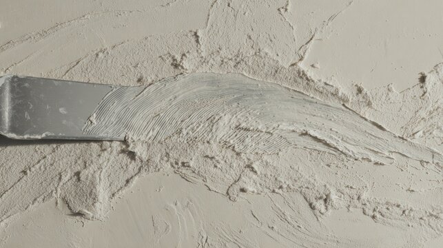 Extreme close-up of a putty knife smoothing spackle on a wall, showing textural transition. real-estate listings.