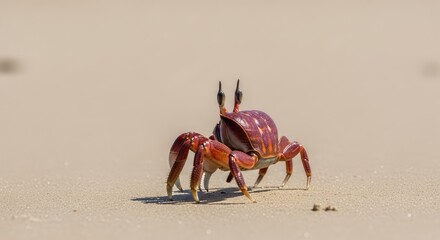 A red crab walking sideways on a sandy beach.