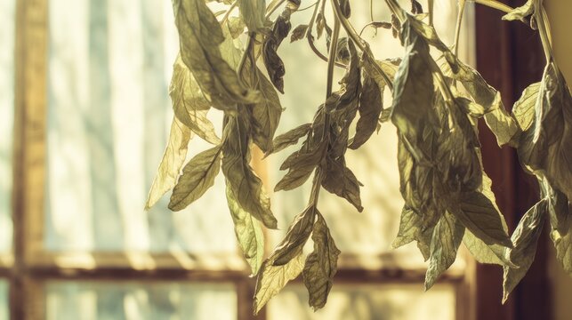Close-up of dried herb leaves resting on a wooden tray under soft daylight. Ideal for gardening magazines, interior styling guides, and natural home-decor branding.