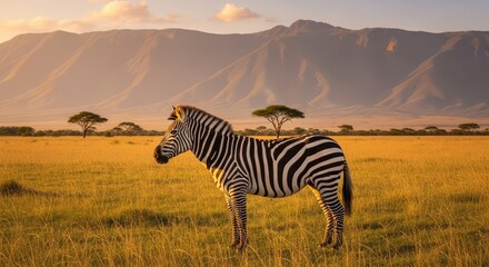 A zebra standing on the grassland with mountains in the background