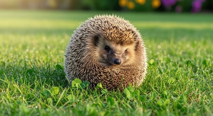 A cute hedgehog curled up in a ball on the grass.